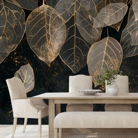 ZELFKLEVEND FOTOBEHANG GOUDEN BLADEREN OP DONKERE ACHTERGROND - FOTOBEHANG BLADEREN - FOTOBEHANG