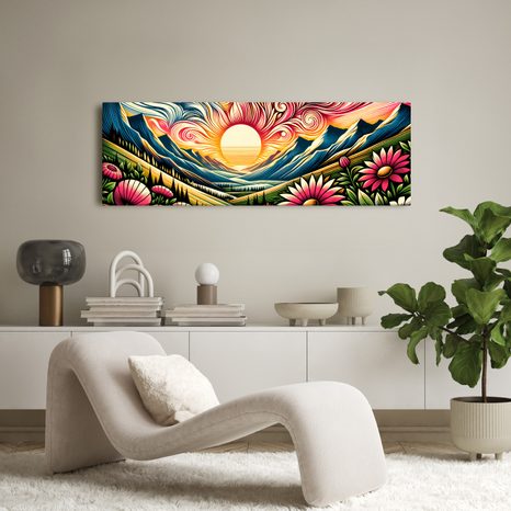 OBRAZ SLNEČNÁ KRAJINA S KVETMI A HORAMI - OBRAZY POLIA A LÚKY - OBRAZY