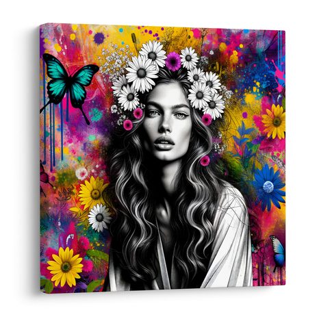 WANDBILD MÄDCHEN MIT SCHMETTERLINGEN UND BLUMEN - WANDBILDER FRAUEN - BILDER