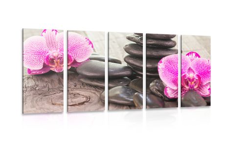 5 PART PICTURE ORCHID AND ZEN STONES ON A WOODEN BACKGROUND