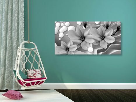 CANVAS PRINT BLACK AND WHITE MAGNOLIA ON AN ABSTRACT BACKGROUND - BLACK AND WHITE PICTURES - PICTURES