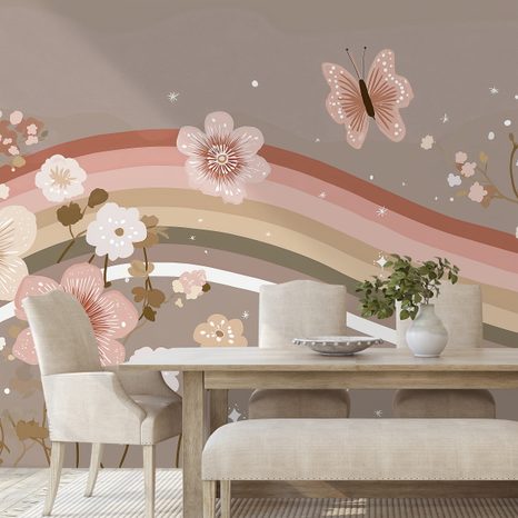 SELBSTKLEBENDE FOTOTAPETE PASTELLFARBENE BLUMEN UND REGENBOGENSTREIFEN - KINDERTAPETEN - TAPETEN
