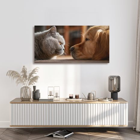 OBRAZ KLIDNÉ SETKÁNÍ KOČKY A PSA - OBRAZY ZVÍŘAT - OBRAZY