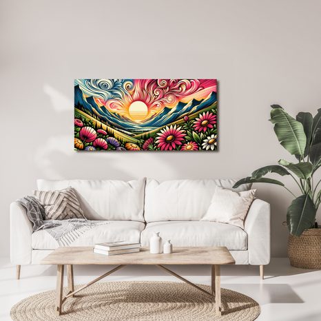 WANDBILD BUNTE BERGE BEIM SONNENAUFGANG - WANDBILDER FELDER UND WIESEN - BILDER