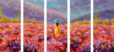 5-RÉSZES KÉP LEÁNYKA SÁRGA RUHÁBAN LEVANDULA MEZŐN - TERMÉSZET- ÉS TÁJKÉPEK - KÉPEK