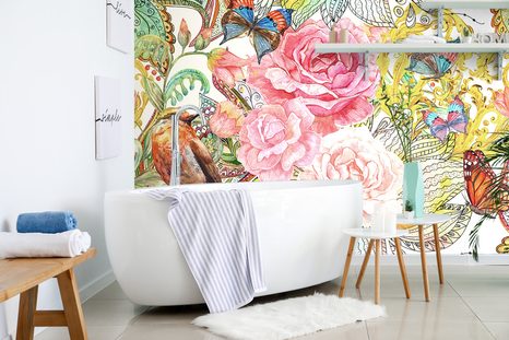 TAPETA VINTAGE VTÁČIK S KVETMI - VINTAGE A RETRO TAPETY - TAPETY