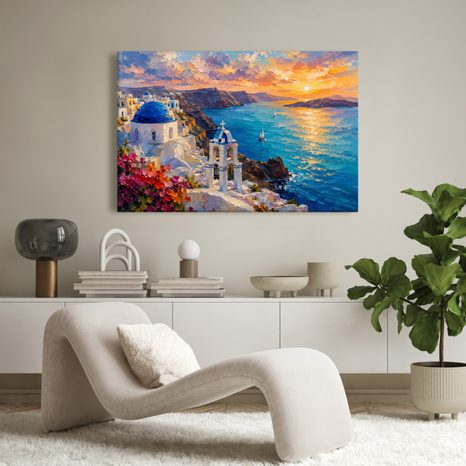 WANDBILD KÜSTE VON SANTORIN BEI SONNENUNTERGANG - BILDER VON SONNENAUFGANG UND SONNENUNTERGANG - BILDER
