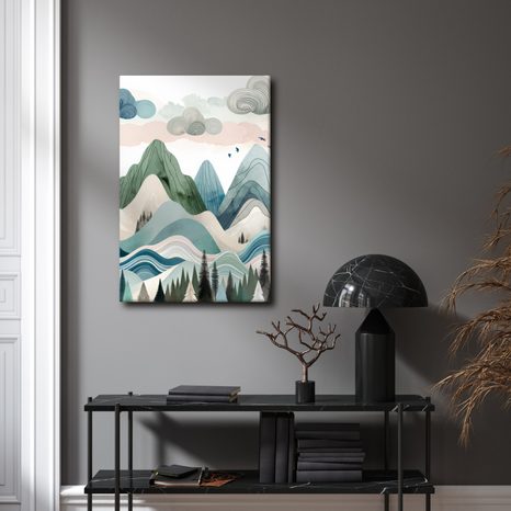 WANDBILD PASTELLFARBENE BERGE UND DUNKLER WALD - BILDER VON BERGEN - BILDER