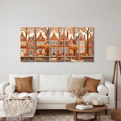 5-TEILIGES WANDBILD HERBST AM KANAL MIT HISTORISCHEN HÄUSERN - BILDER VON STÄDTEN - BILDER