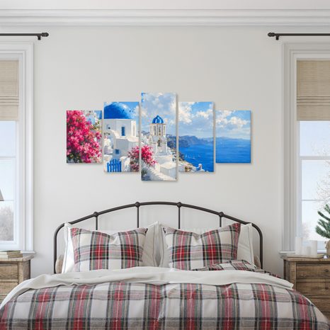 TABLEAU EN 5 PARTIES – MAISONS BLANCHES DE SANTORIN AU BORD DE LA MER - TABLEAUX DE LA MER ET DE LA PLAGE - TABLEAUX