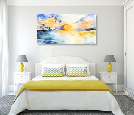 OBRAZ AKVARELOVÉ MOŘE A ZAPADAJÍCÍ SLUNCE - OBRAZY PŘÍRODY A KRAJINY - OBRAZY