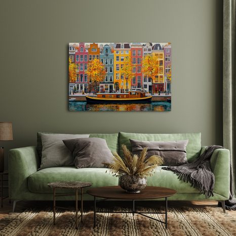 OBRAZ PODZIMNÍ KANÁLY AMSTERDAMU - BAREVNÉ DOMY - OBRAZY
