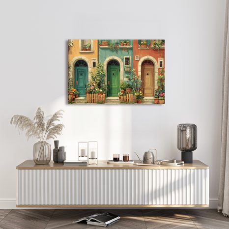 OBRAZ MALEBNÁ ULIČKA S KVĚTINAMI - BAREVNÉ DOMY - OBRAZY