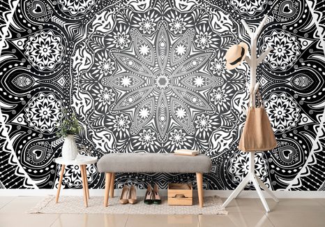 TAPETA OKRASNÁ MANDALA S KRAJKOU V ČERNOBÍLÉ - TAPETY FENG SHUI - TAPETY