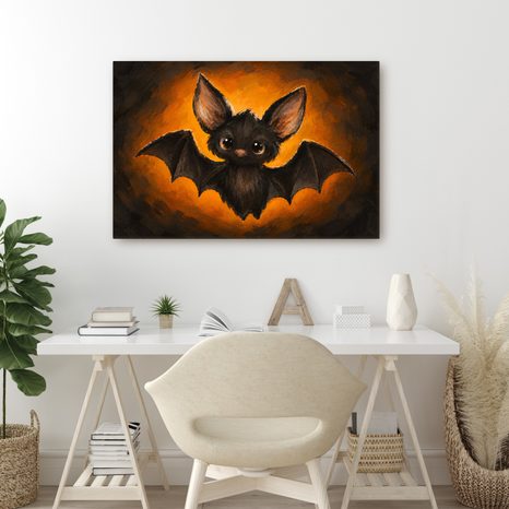 QUADRO SU TELA – PIPISTRELLO ADORABILE NEL BAGLIORE ARANCIONE - QUADRI HALLOWEEN E HORROR - STAMPE E QUADRI