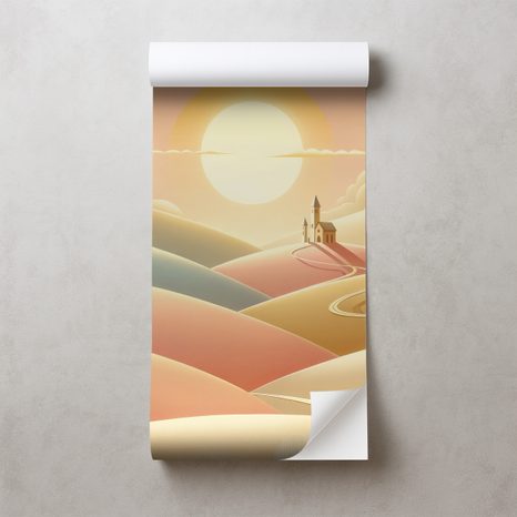 SELBSTKLEBENDE TAPETE PASTELLFARBENE LANDSCHAFT MIT KIRCHE - TAPETEN FELDER UND WIESEN - TAPETEN