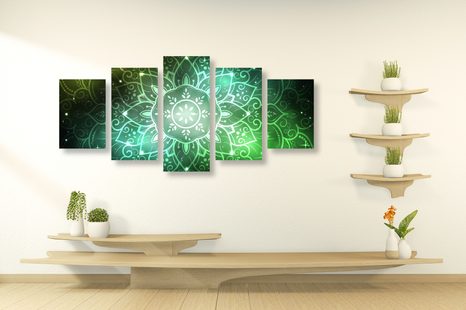 5 RÉSZES KÉP MANDALA GALAKTIKUS HÁTTÉRREL ZÖLD SZÍNBEN - FENG SHUI KÉPEK - KÉPEK