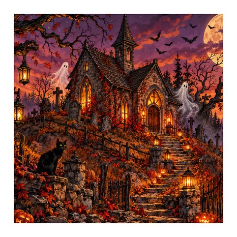 QUADRO SU TELA – CIMITERO DI HALLOWEEN PRESSO LA CAPPELLA - QUADRI HALLOWEEN E HORROR - STAMPE E QUADRI