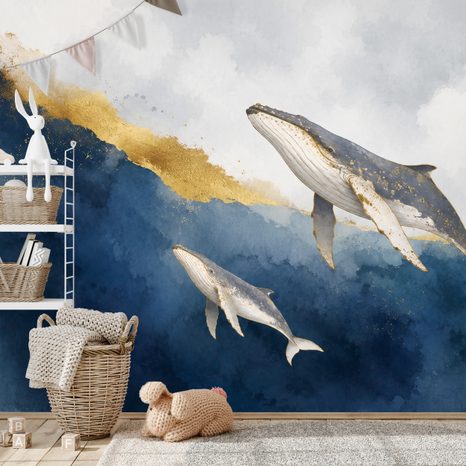 ZELFKLEVEND FOTOBEHANG AQUARELWALVISSEN IN GOUDBLAUW - FOTOBEHANG ZEELEVEN - FOTOBEHANG