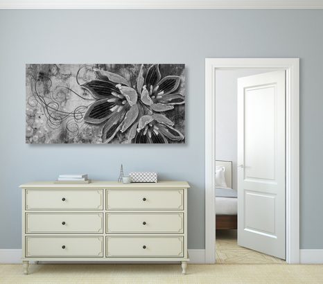 WANDBILD BLUMEN MIT PERLEN IN SCHWARZ-WEISS - SCHWARZ-WEISSE BILDER - BILDER