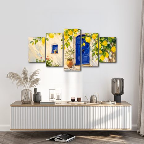 5-TEILIGES WANDBILD ZITRONENBAUM AN BLAUER TÜR - BILDER VON STÄDTEN - BILDER