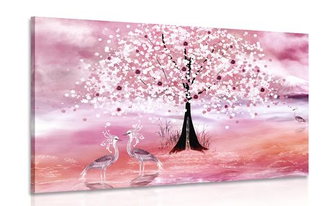 QUADRO DI AIRONI SOTTO UN MAGICO ALBERO IN ROSA - QUADRI DI NATURA E PAESAGGIO - QUADRI