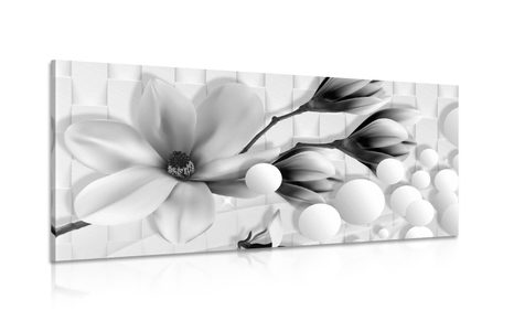 CANVAS PRINT BLACK AND WHITE MAGNOLIA WITH ABSTRACT ELEMENTS