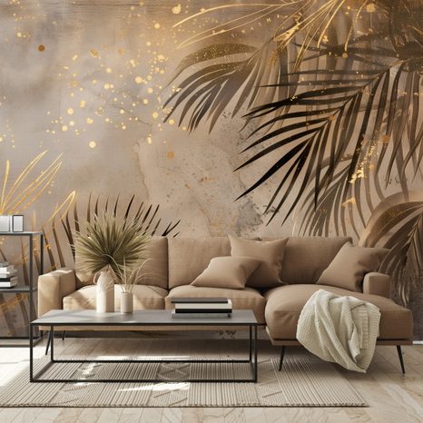 FOTOMURAL HOJAS DE PALMERA DORADAS SOBRE GRIS - FOTOMURALES - OUTLET 🔥