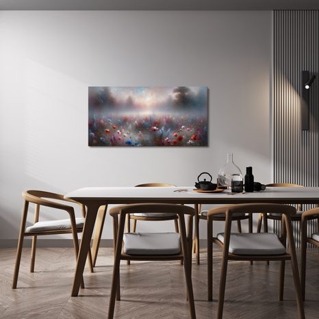 WANDBILD MORGENDLICHER NEBEL ÜBER BLUMEN - WANDBILDER FELDER UND WIESEN - BILDER