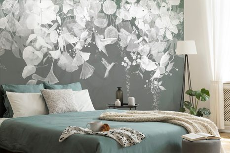 CARTA DA PARATI AUTOADESIVA – FOGLIE GRIGIO-VERDI CON COLIBRÌ - CARTA DA PARATI AUTOADESIVE - CARTA DA PARATI