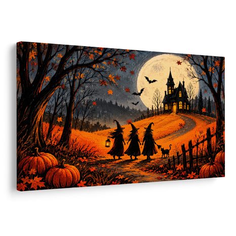 QUADRO SU TELA – STREGA SOTTO IL MANIERO AL CHIARO DI LUNA - QUADRI HALLOWEEN E HORROR - STAMPE E QUADRI