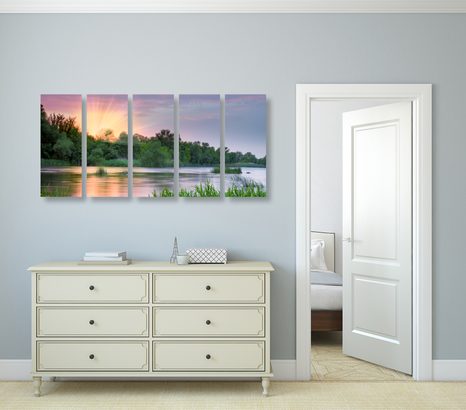 TABLOU 5-PIESE RĂSĂRIT DE SOARE LÂNGĂ RÂU - TABLOU NATURĂ ȘI PEISAJE NATURALE - TABLOURI