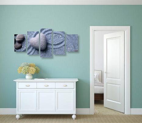5-TEILIGES WANDBILD HERZ AUS STEIN AUF SANDIGEM HINTERGRUND - STILLLEBEN-BILDER - BILDER