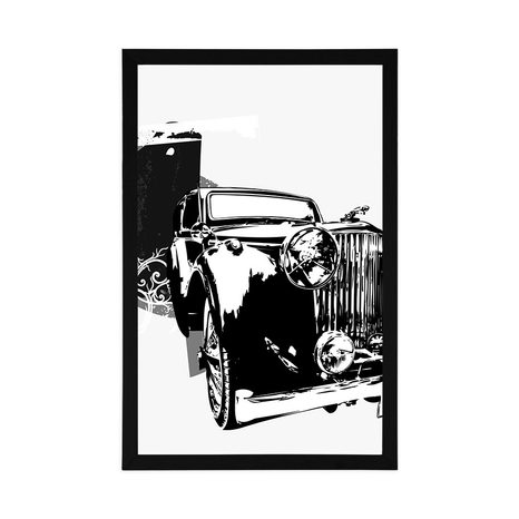 PLAGÁT ČIERNOBIELE RETRO AUTO S ABSTRAKCIOU - ČIERNOBIELE - PLAGÁTY