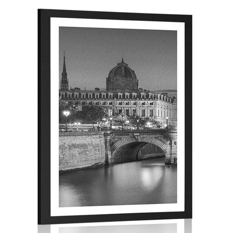 POSTER MIT PASSEPARTOUT ERSTAUNLICHES PANORAMA VON PARIS IN SCHWARZ-WEISS - SCHWARZ-WEISS - POSTER