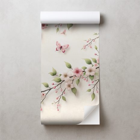 SAMOLEPÍCÍ FOTOTAPETA JEMNÉ RŮŽOVÉ KVĚTY A MOTÝLI - TAPETY KVĚTINY - TAPETY