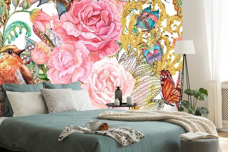 TAPETA VINTAGE VTÁČIK S KVETMI - VINTAGE A RETRO TAPETY - TAPETY