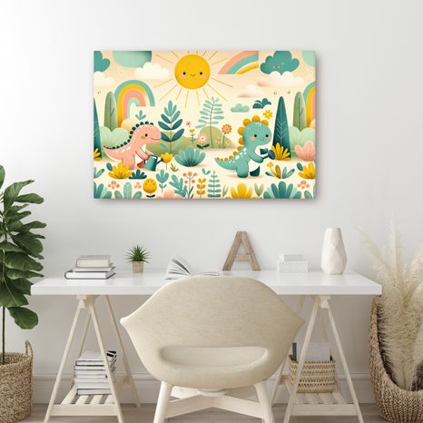 WANDBILD SPIELETAG DER KLEINEN DINOS IN DER NATUR - KINDERBILDER TIERE - BILDER