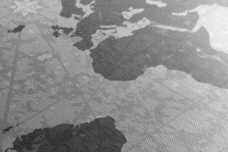 WANDBILD WELTKARTE MIT KOMPASS IM RETRO-STIL IN SCHWARZ-WEISS - WELTKARTEN ALS BILDER - BILDER