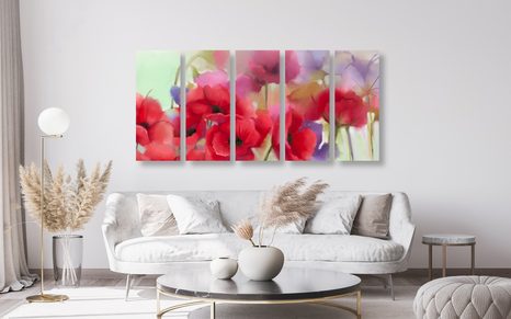 5-DÍLNÝ OBRAZ NÁDHERNÉ KRESLENÉ MÁKY - OBRAZY KVĚTŮ - OBRAZY
