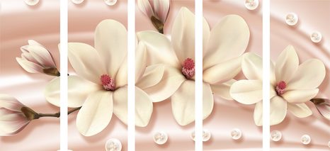 QUADRI 5 PEZZI – MAGNOLIA DI LUSSO CON PERLE - QUADRI DI FIORI - STAMPE E QUADRI