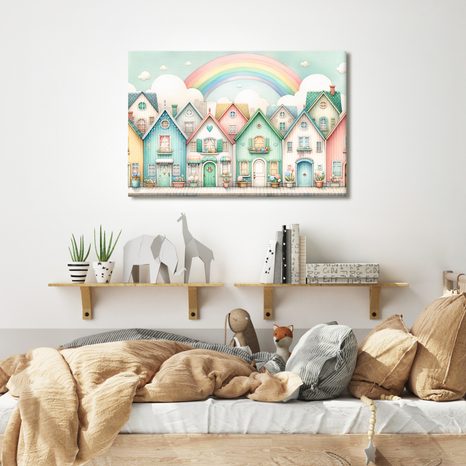 OBRAZ PASTELOVÉ DOMKY S DUHOU - DĚTSKÉ OBRAZY - OBRAZY