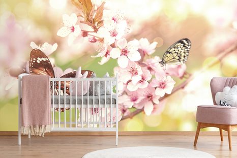 TAPETE FRÜHLINGSBLUMEN MIT EXOTISCHEN SCHMETTERLINGEN - TAPETEN MIT BLUMENMOTIVEN - TAPETEN