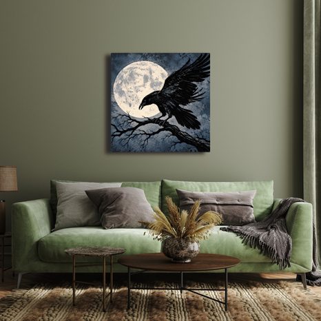 QUADRO SU TELA – CORVO NERO SOTTO LA LUNA PIENA - QUADRI HALLOWEEN E HORROR - STAMPE E QUADRI