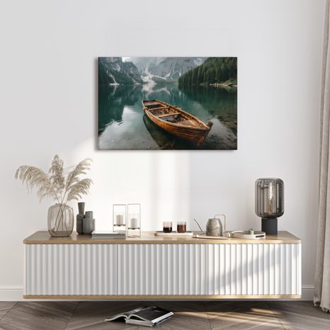 QUADRO SU TELA – BARCA SU LAGO DI MONTAGNA - QUADRI LAGHI - STAMPE E QUADRI
