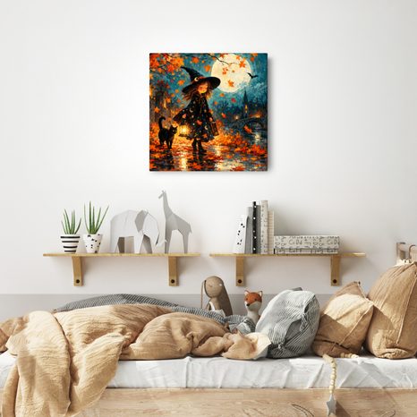 QUADRO SU TELA – GATTO NERO SOTTO LA LUNA PIENA - QUADRI HALLOWEEN E HORROR - STAMPE E QUADRI