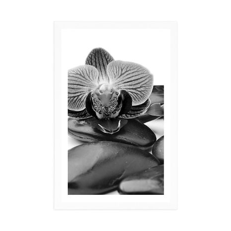 PLAKAT S PASPARTUOM MASAŽNO WELLNESS KAMENJE U CRNO-BIJELOM DIZAJNU - CRNO-BIJELE - PLAKATI