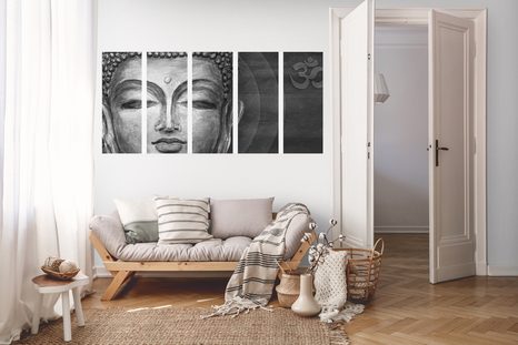 5-DÍLNÝ OBRAZ TVÁŘ BUDDHU V ČERNOBÍLÉM PROVEDENÍ - ČERNOBÍLÉ OBRAZY - OBRAZY