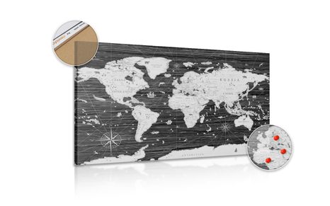 OBRAZ NA KORKU ČERNOBÍLÁ MAPA NA DŘEVĚNÉM POZADÍ - OBRAZY NA KORKU - OBRAZY