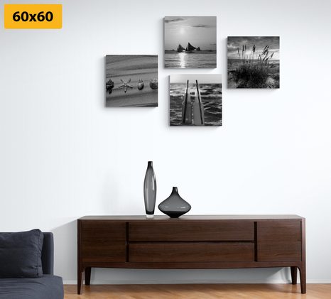 SET OBRAZŮ MOŘE A PLÁŽ V ČERNOBÍLÉM PROVEDENÍ - SESTAVY OBRAZŮ - OBRAZY